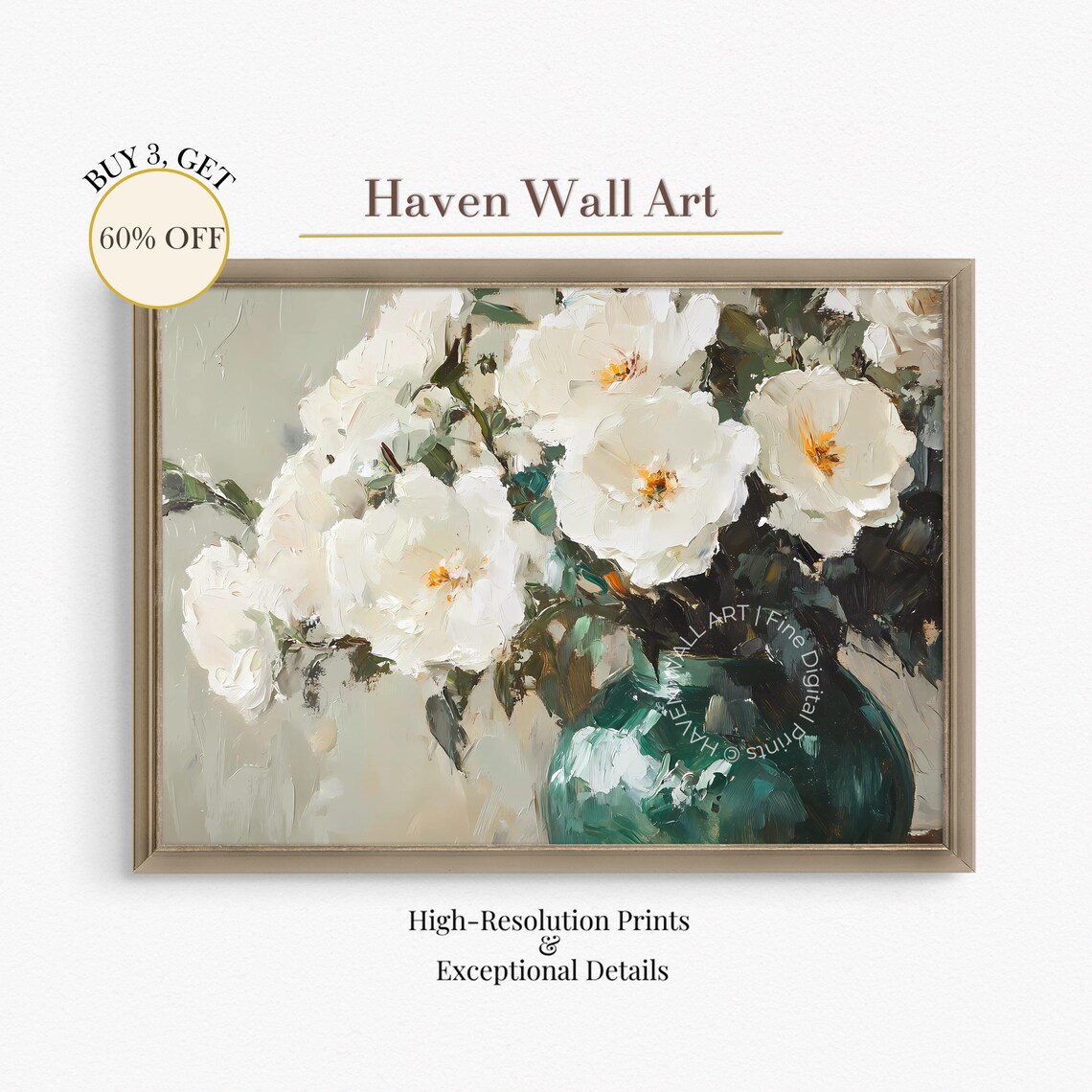 White Roses in Green Vase Classic Floral Still Life Oil Poster
