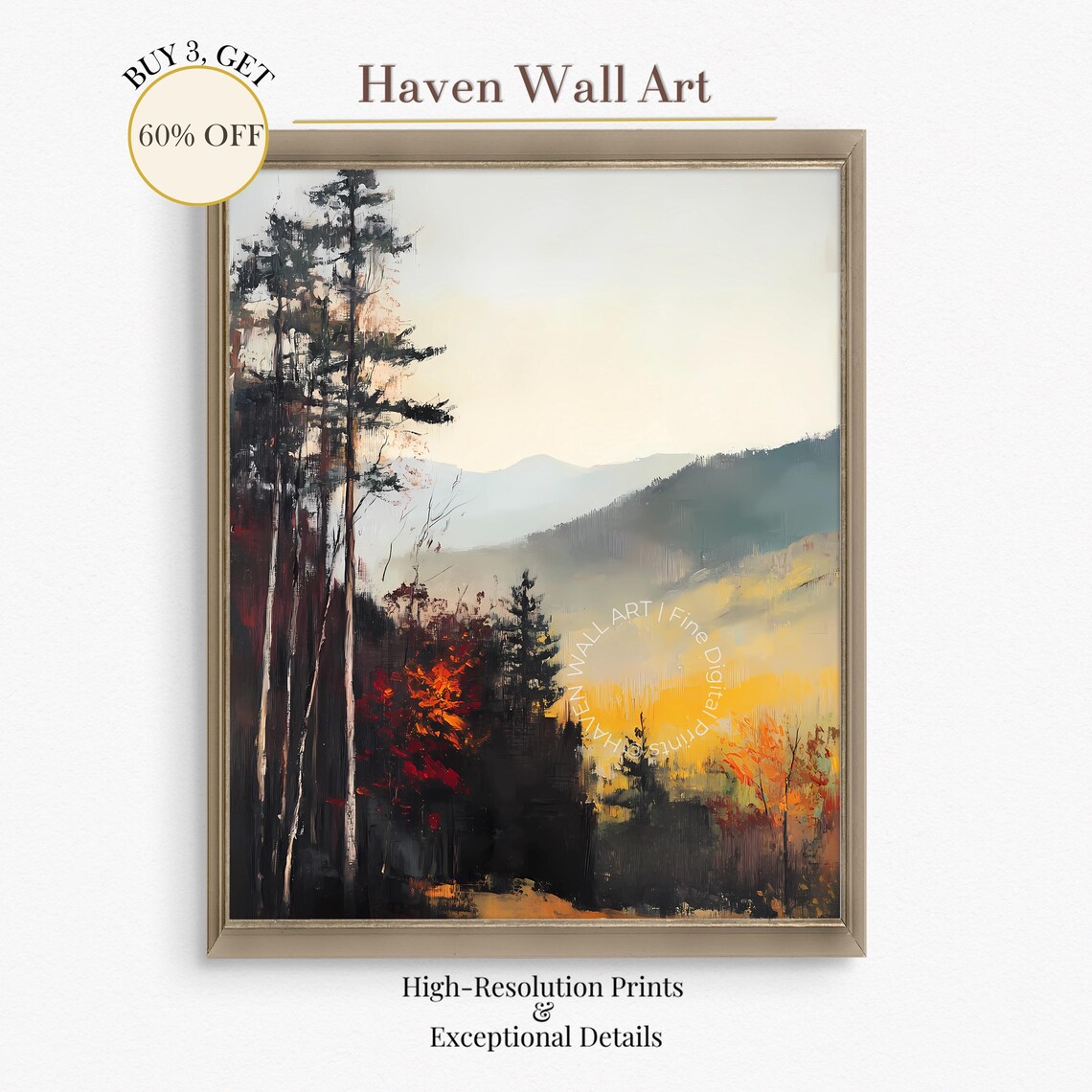 Moody Autumn Forest Sunset Print With Golden Hills And Tall Pines