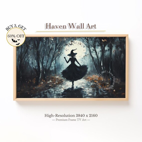 Halloween Witch Dancing Under Full Moon Dark Forest Vintage Wall Art