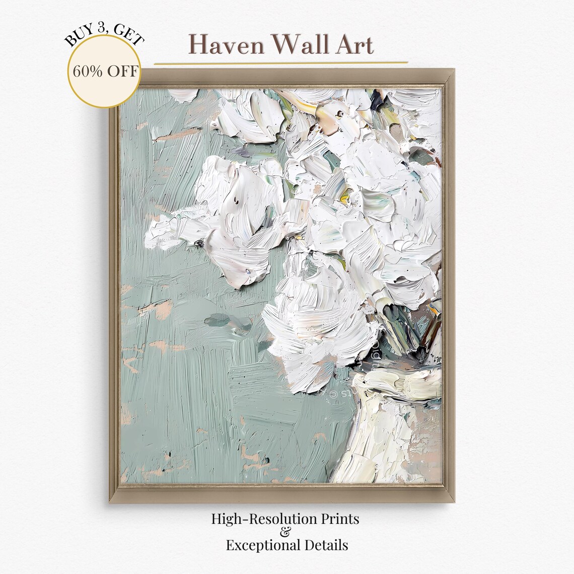 White Peonies Textured Impasto Floral Oil Painting Close-Up Poster