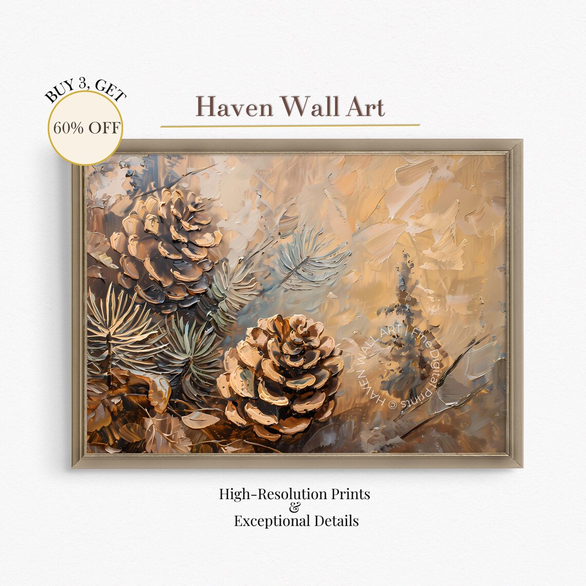 Rustic Pinecone Still Life Impasto Oil Botanical Autumn Nature Wall Art