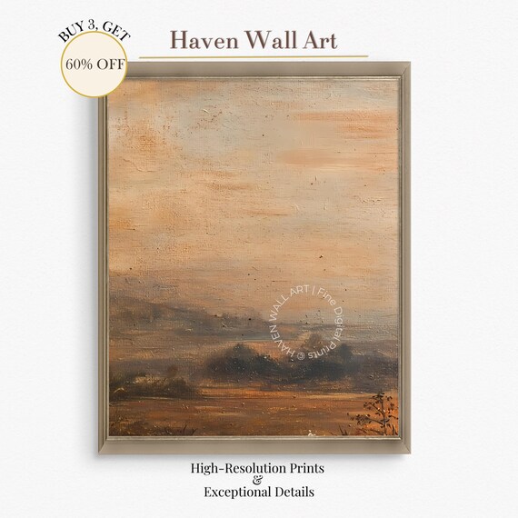 Golden Misty Autumn Prairie Landscape Oil Painting Meadow Wall Art