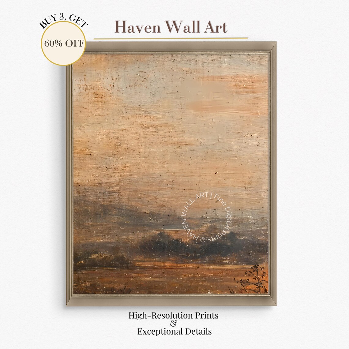 Golden Misty Autumn Prairie Landscape Oil Painting Meadow Wall Art