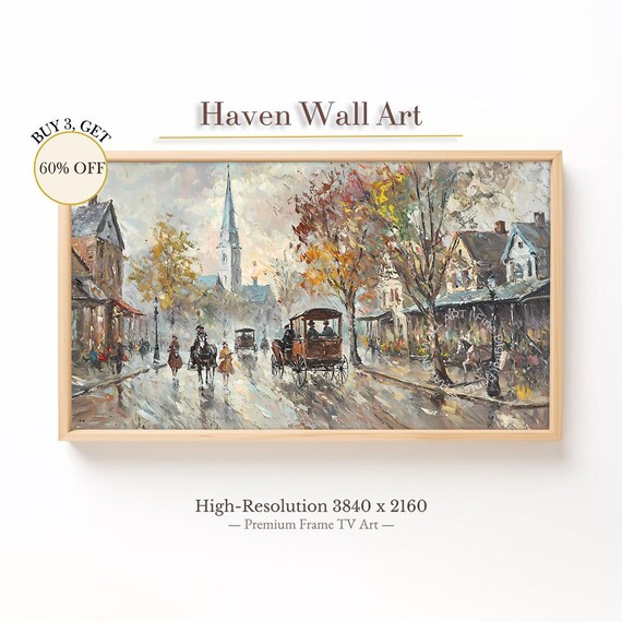 Cheerful Autumn Town Street Horse Carriage Church Steeple Poster