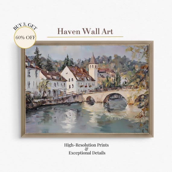 Charming Riverside Village Wall Art Vintage European Bridge Town Landscape Cozy Farmhouse Decor Pal052