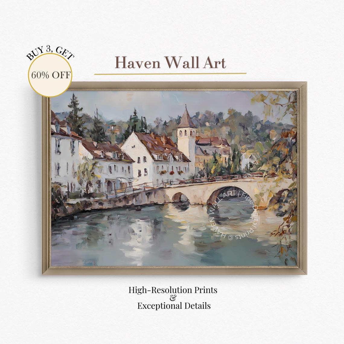 Vintage European Riverside Village Bridge Impressionist Art Print