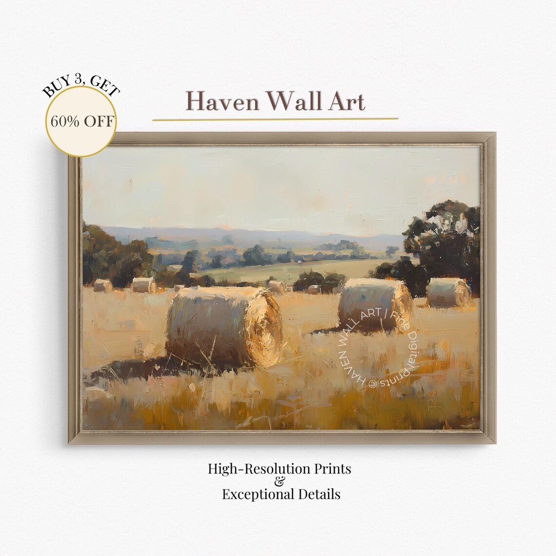 Golden Hay Bales in Sunlit Field Rustic Farm Oil Painting Poster