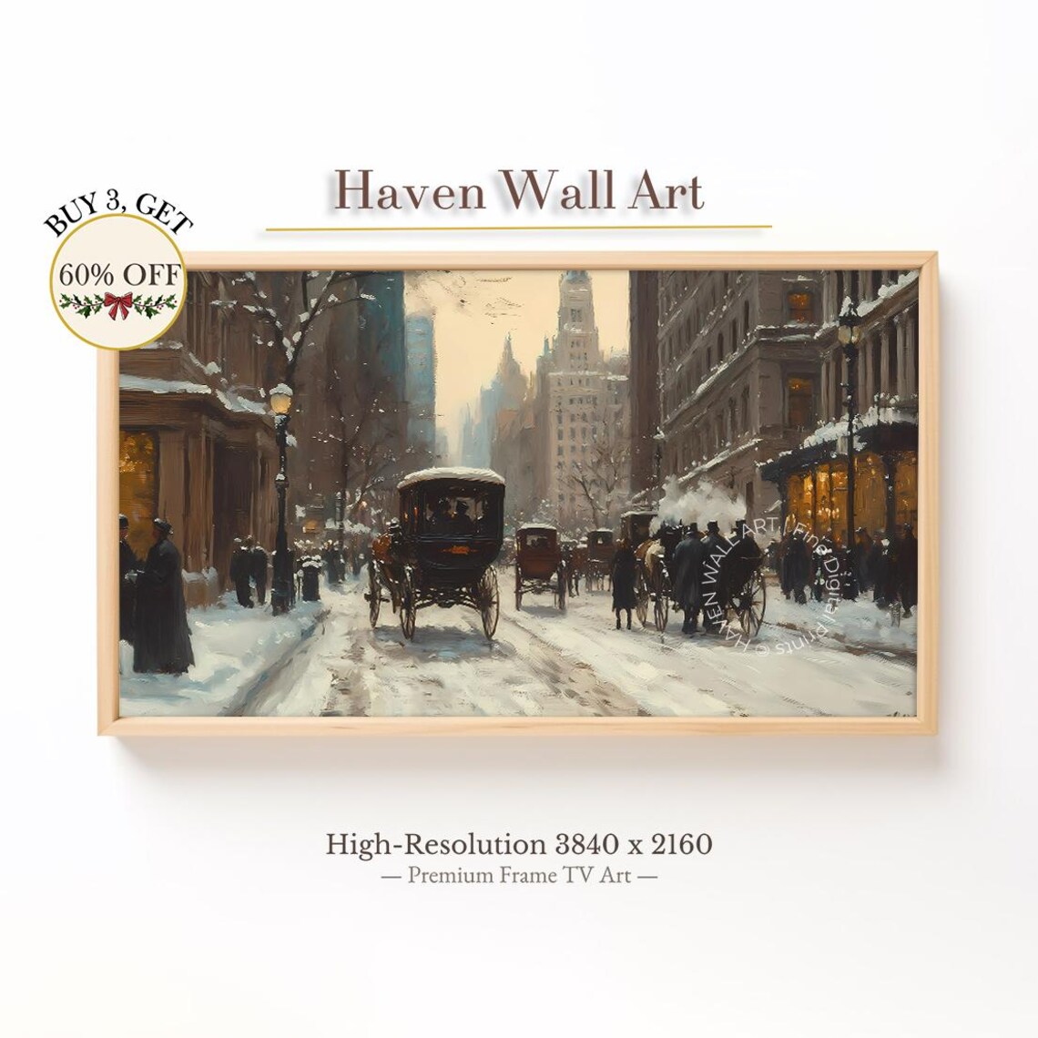 Vintage Snowy City Street Horse Carriage Winter Painting Poster