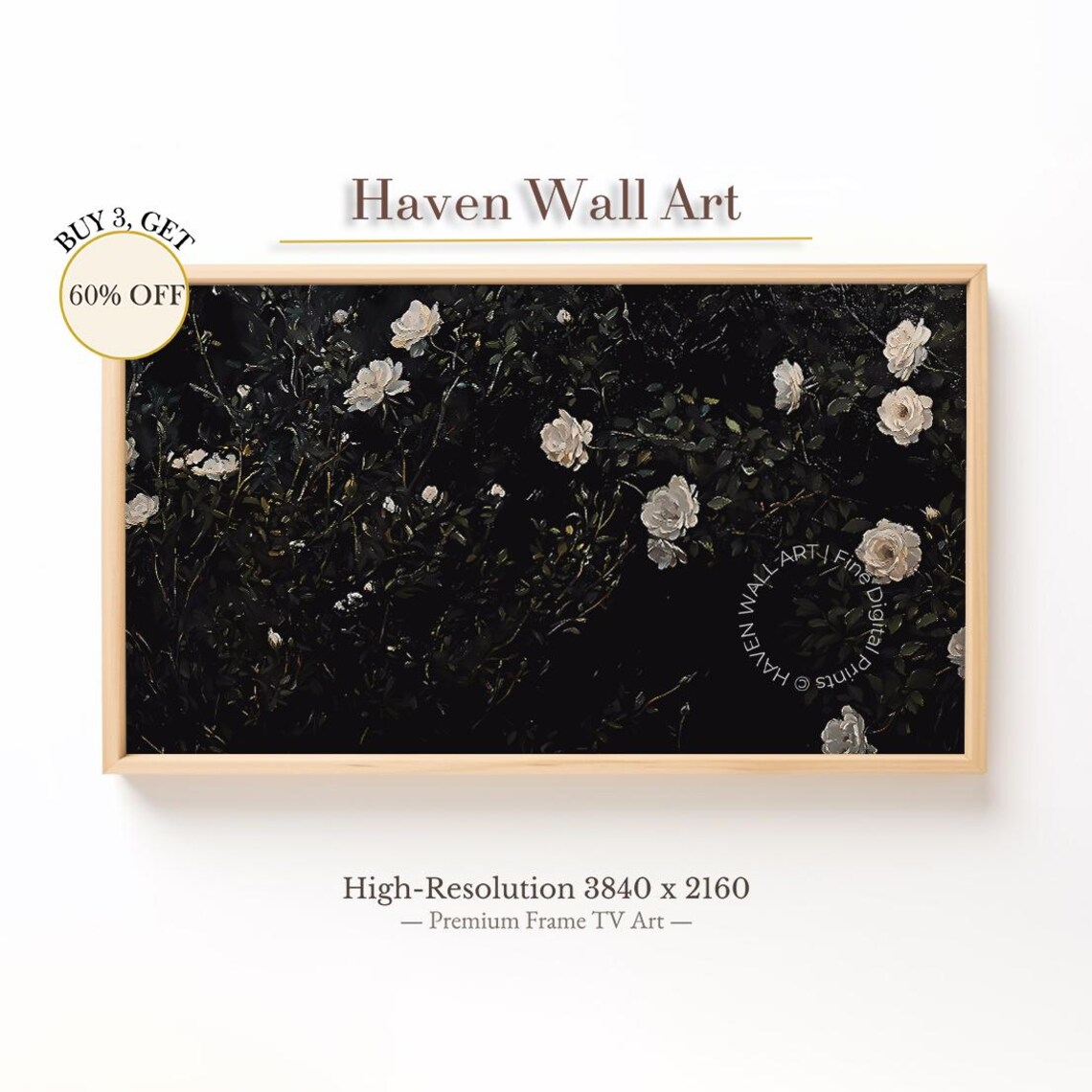 White Roses on Dark Night Garden Moody Floral Painting Poster