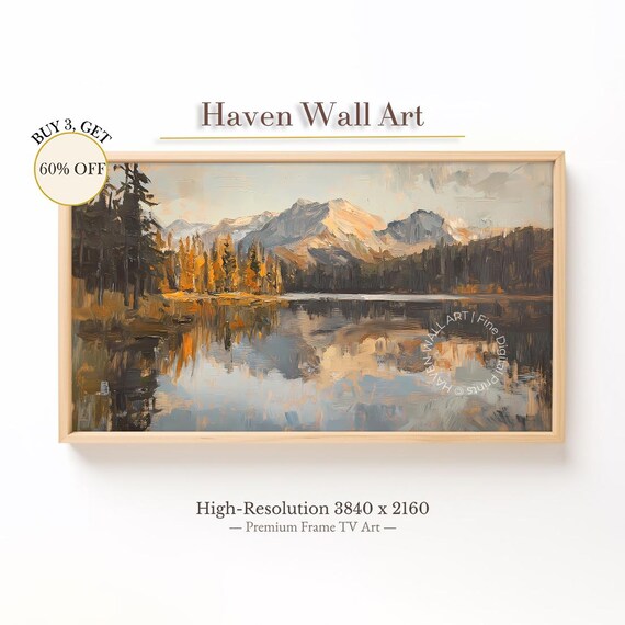 Mountain Lake Reflection Autumn Forest Impasto Oil Painting Wall Art
