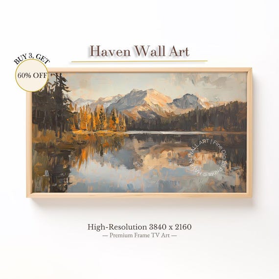 Mountain Lake Reflection Frame Tv Art Autumn Forest Oil Painting Moody Fall Landscape For Samsung Tal083