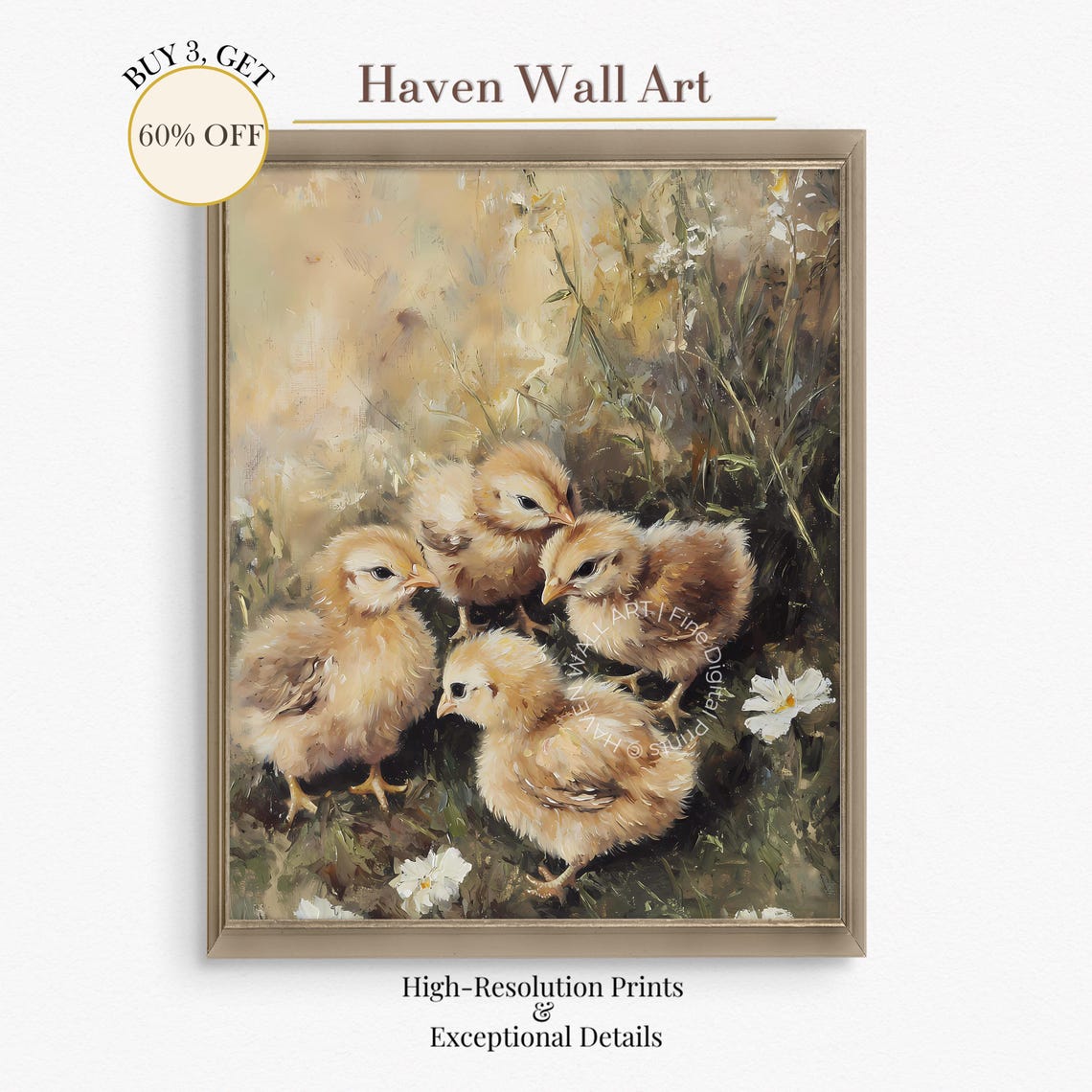Fluffy Baby Chicks in Meadow Vintage Farmhouse Nursery Art Poster