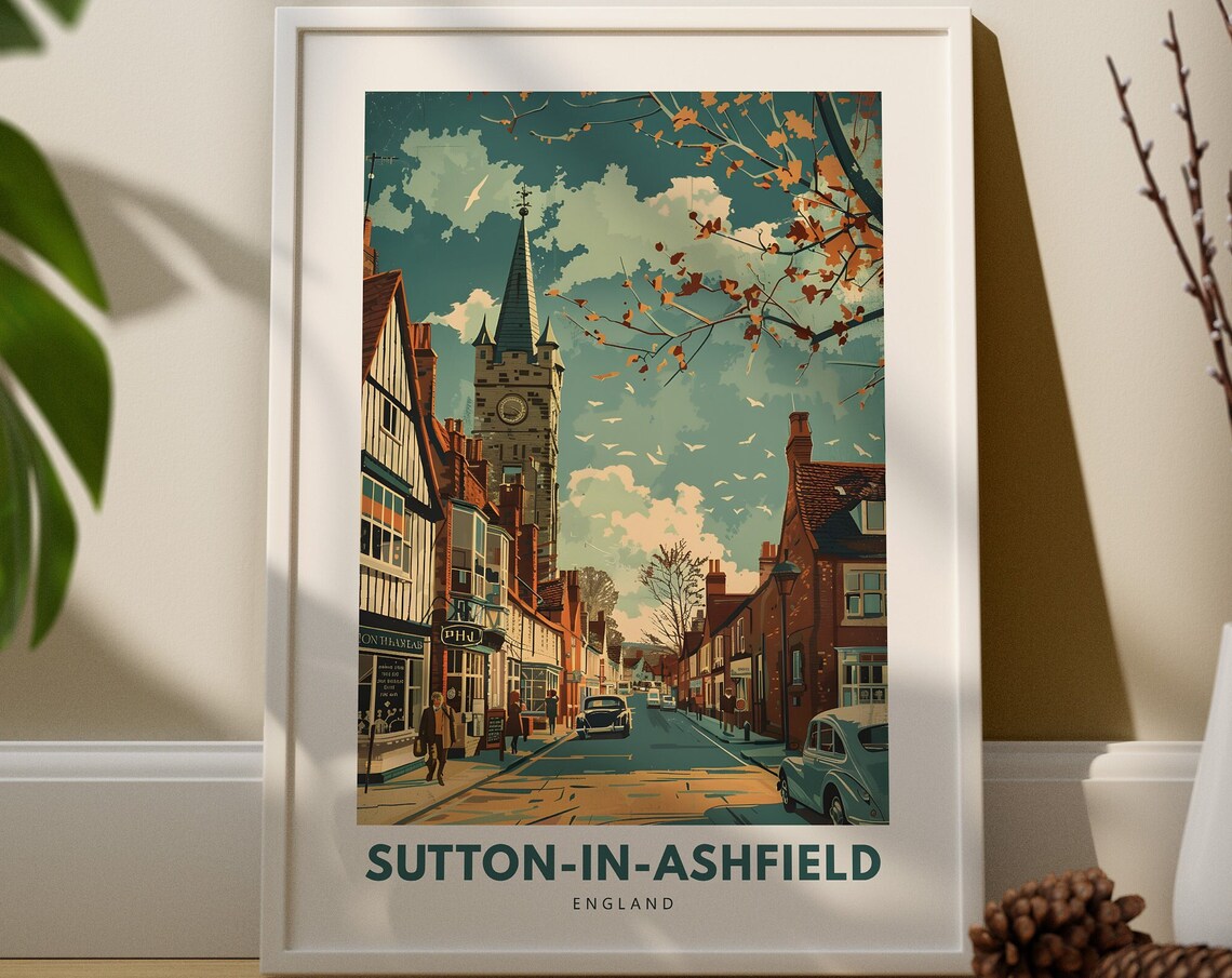 Sutton-In-Ashfield England Market Street Vintage Travel Poster