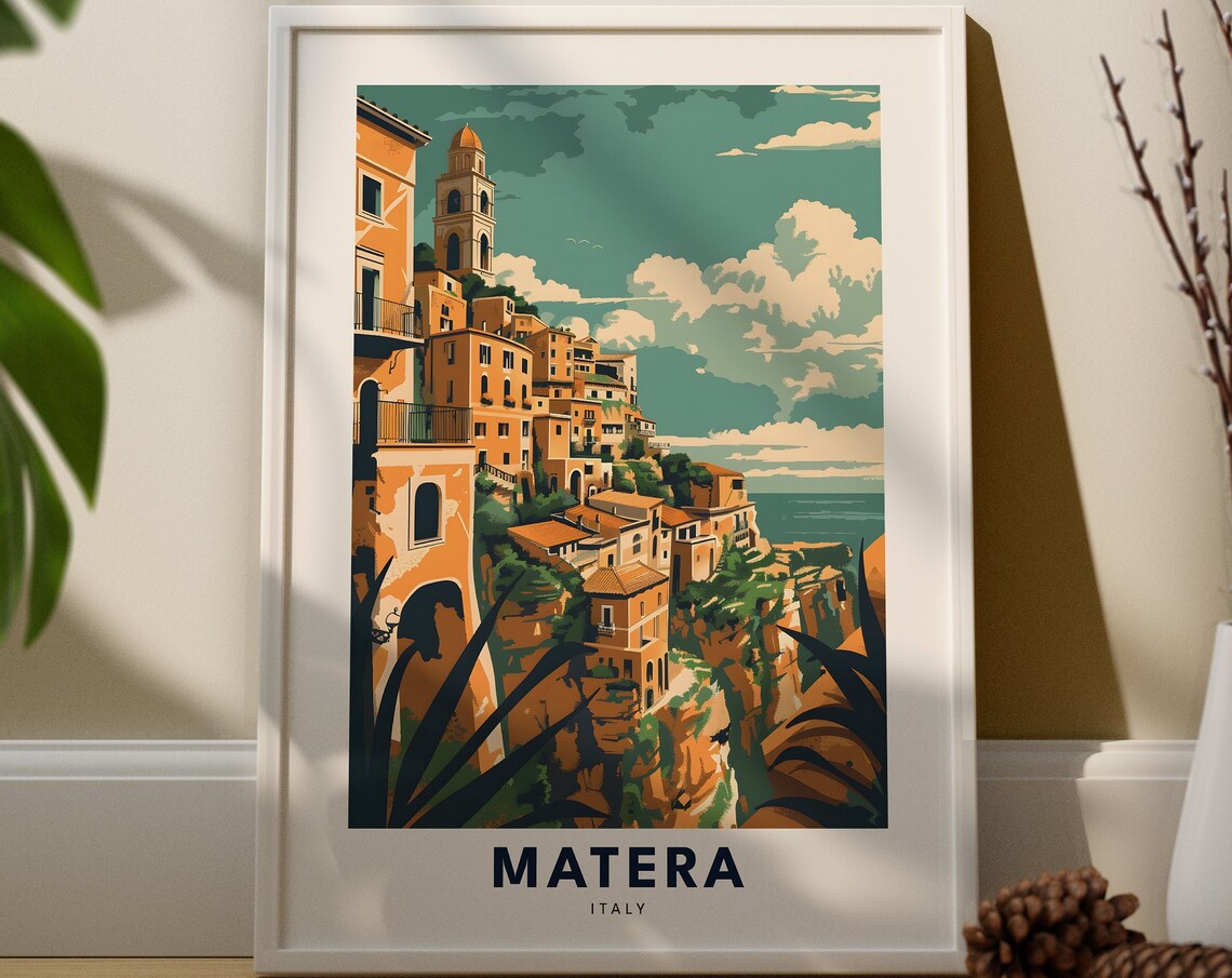 Matera Italy Cliffside Old Town Terracotta Vintage Travel Poster