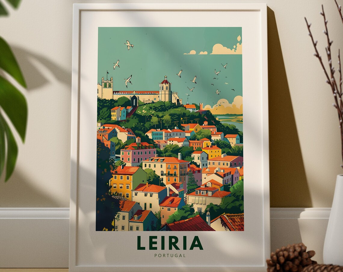 Leiria Portugal Vintage Travel Poster Hilltop Castle Town Scene