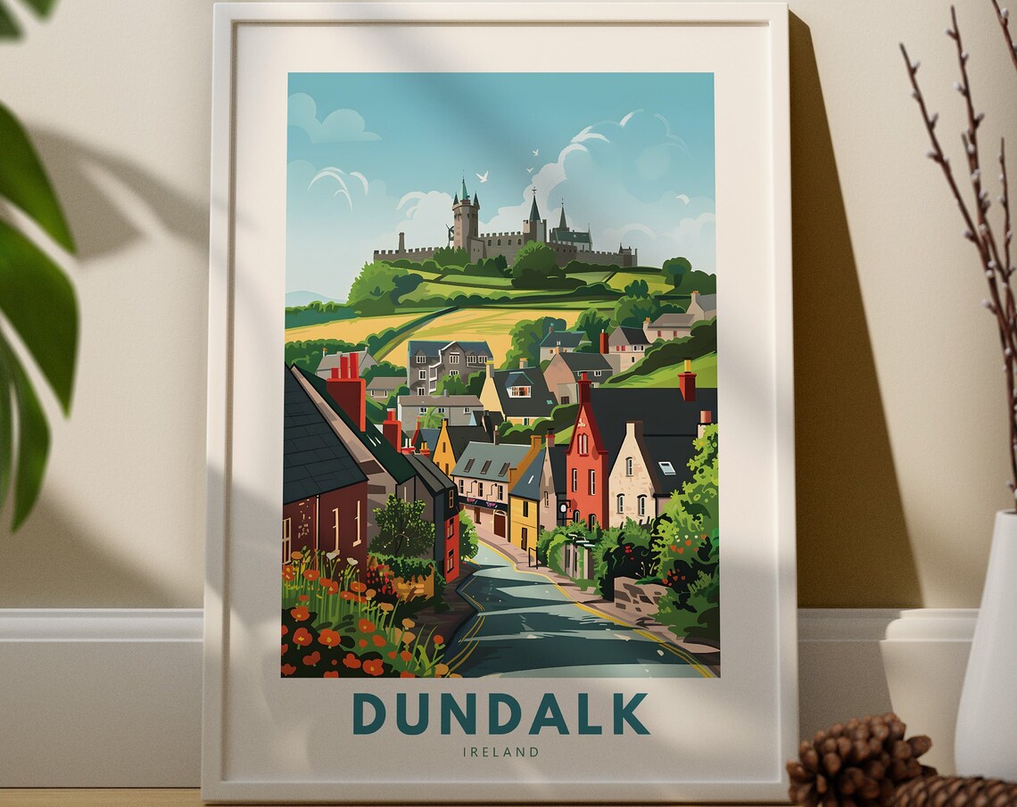 Dundalk Ireland Village Street Hilltop Castle Illustrated Travel Poster