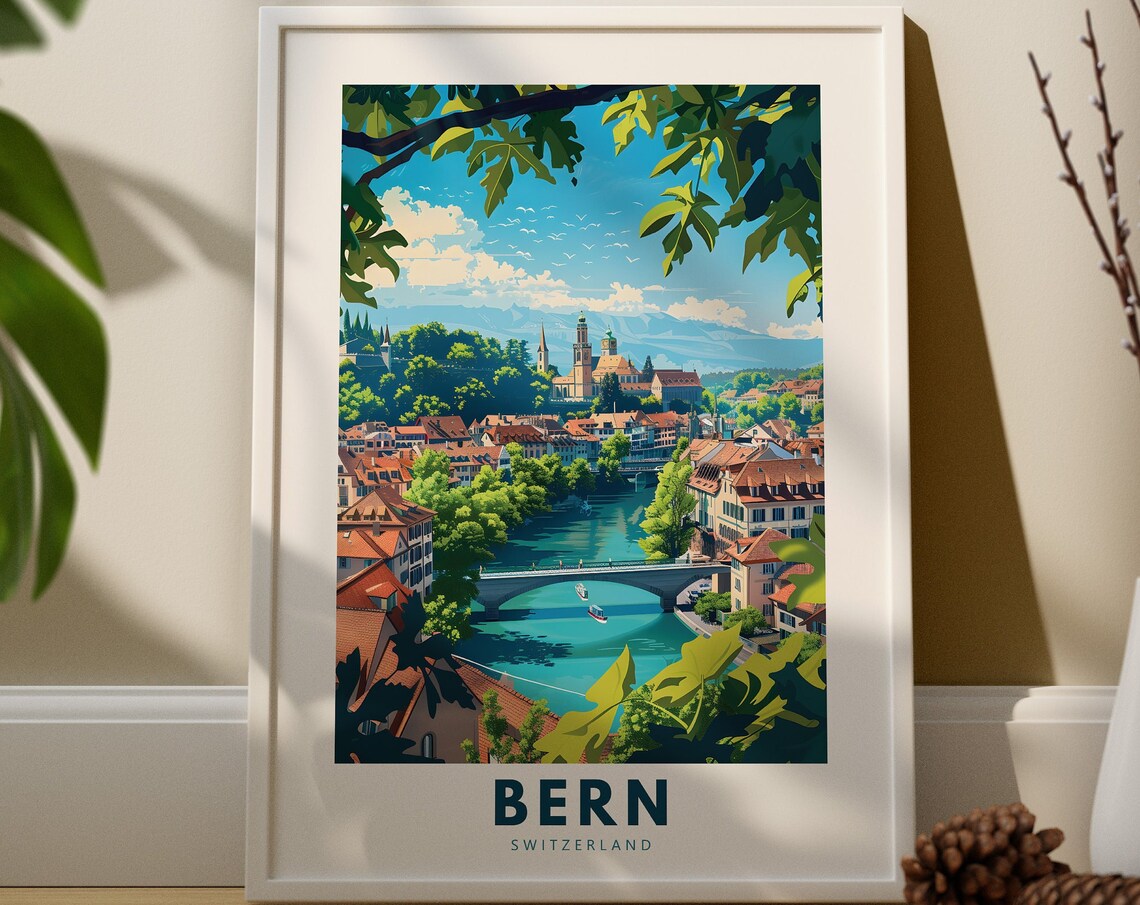 Bern Switzerland Travel Poster Old Town and Aare River View Vintage Art