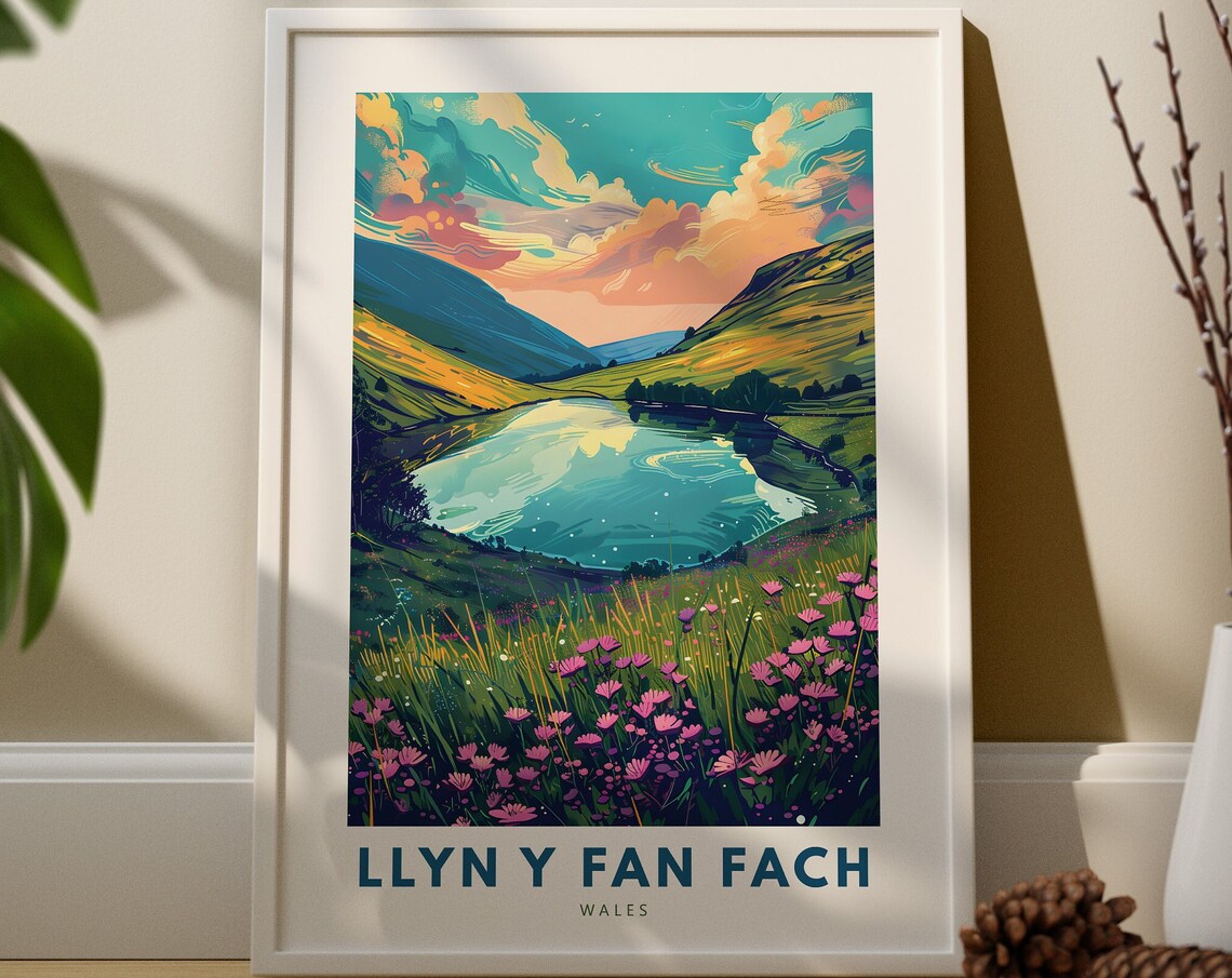 Llyn y Fan Fach Wales Mountain Lake Wildflowers Travel Art Poster