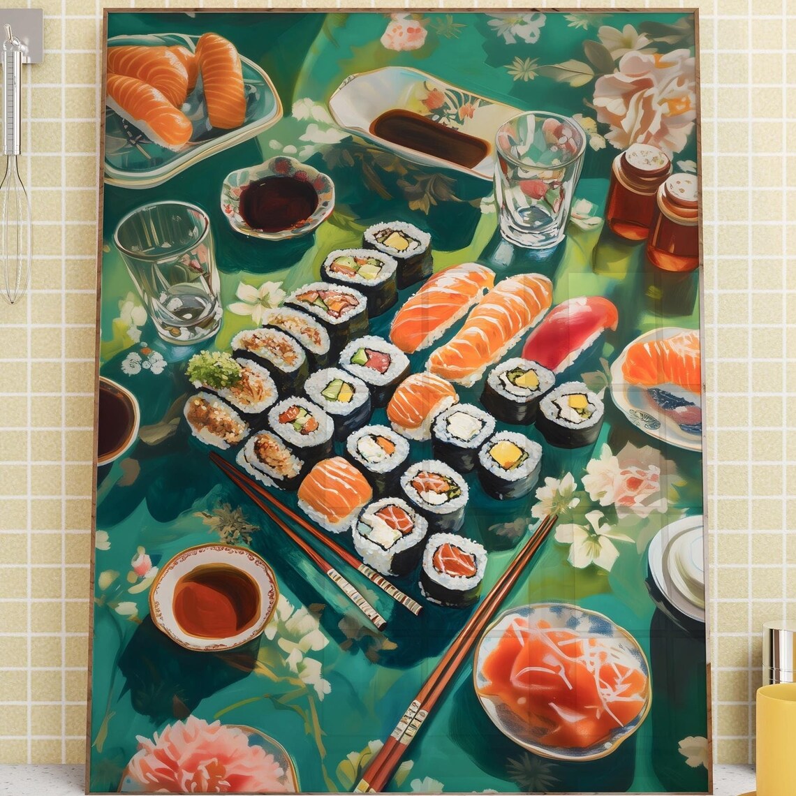 Overhead Sushi Feast On Teal Tablecloth Japanese Food Poster - Image 3