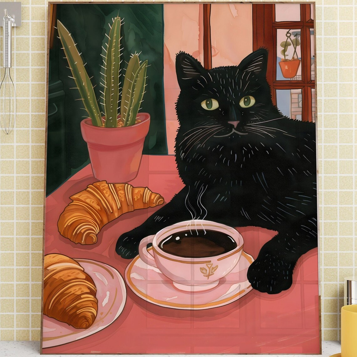 Black Cat With Coffee And Croissants At Pink Cafe Table Art Poster - Image 3