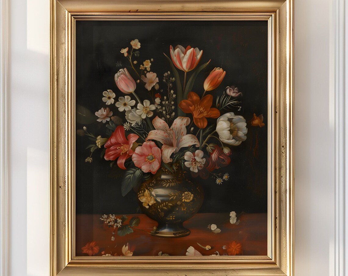 Moody Dark Floral Vase Still Life Vintage Oil Painting Poster - Image 3
