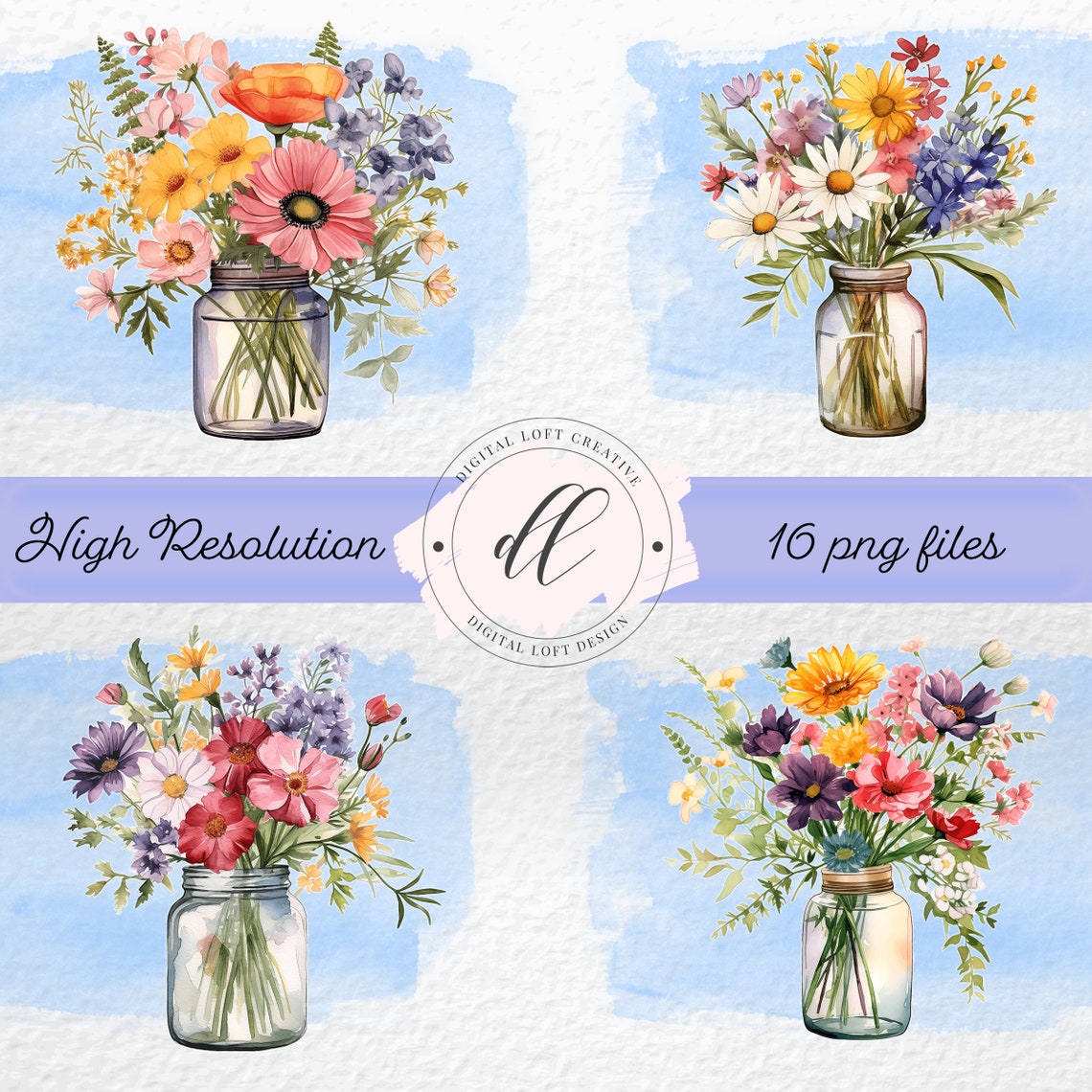 Watercolor Wildflower Bouquets in Glass Mason Jars Poster Art - Image 2