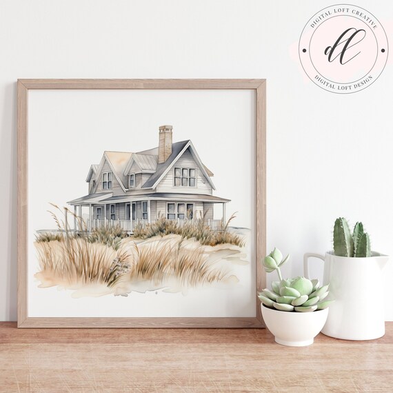 Watercolor Beach Cottage on Grassy Dunes Seaside Coastal Art Poster