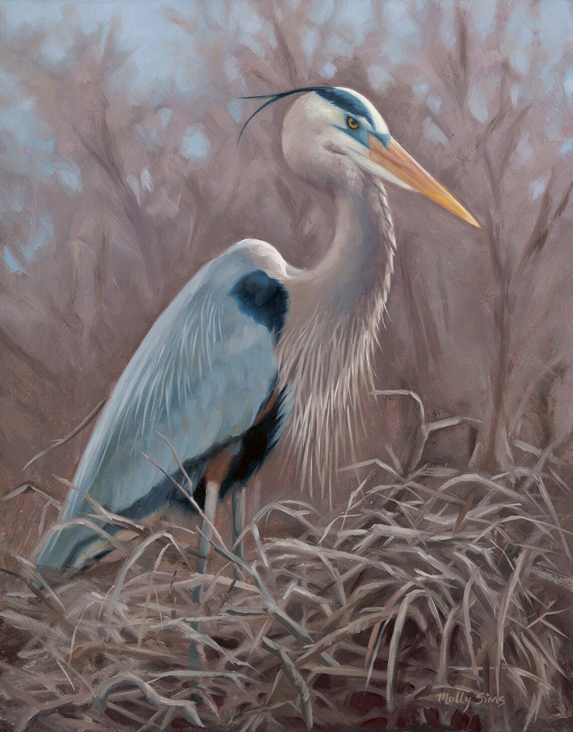 Great Blue Heron Standing in a Marsh Oil Painting Bird Poster