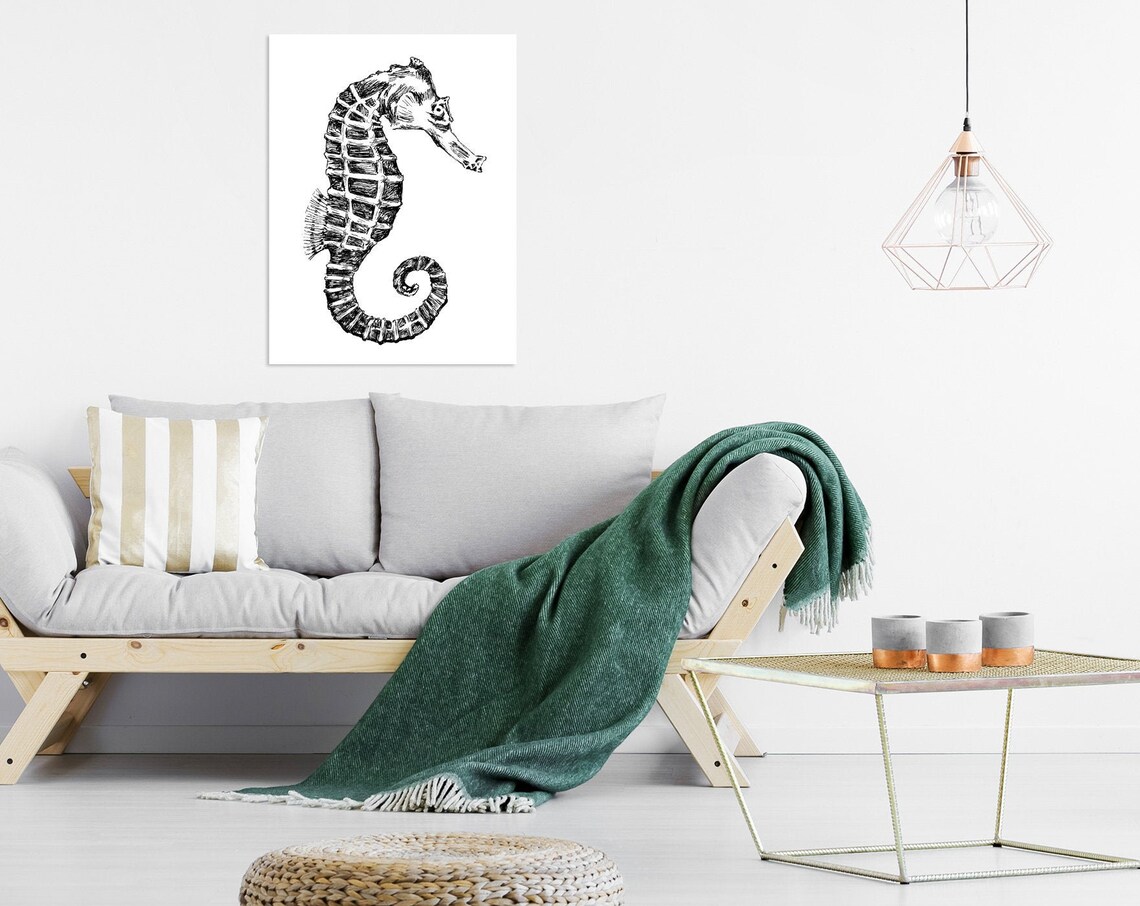 Seahorse Black and White Hand Drawn Ocean Life Sketch Wall Art