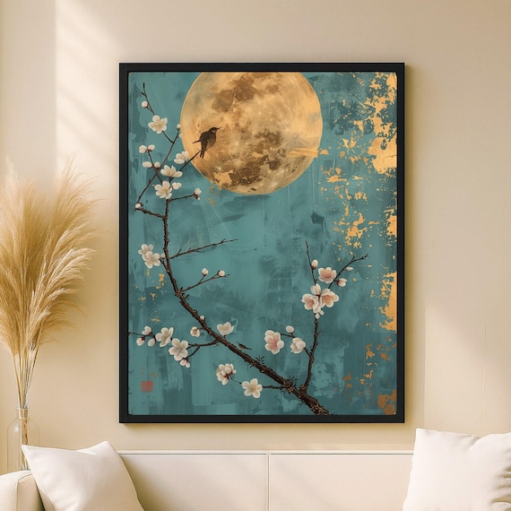 Wall Art Golden Moon Cherry Blossoms Poetic Bird On Blue Asian Zen