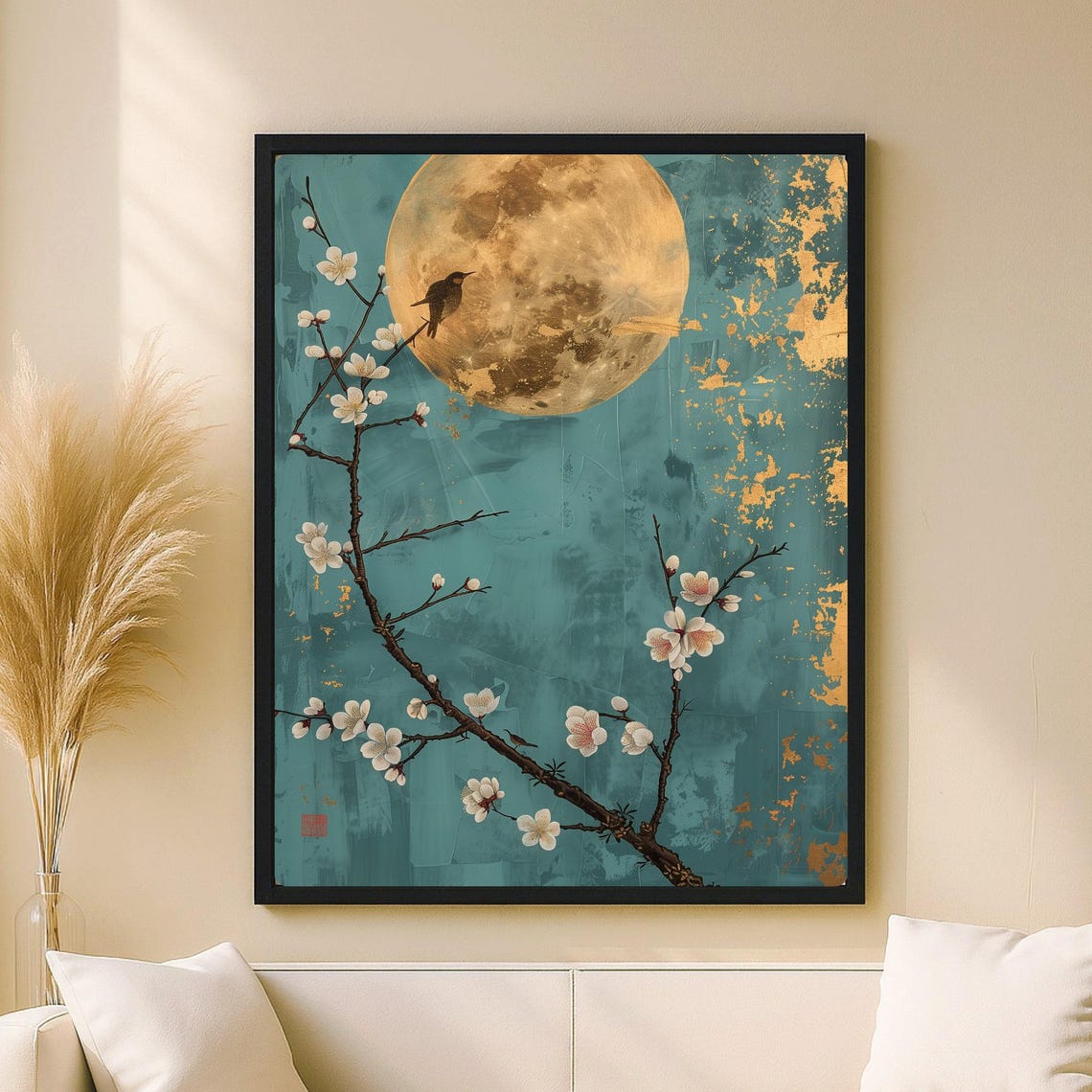 Wall Art Golden Moon Cherry Blossoms Poetic Bird On Blue Asian Zen