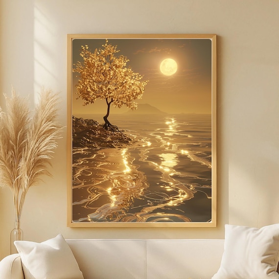 Golden Moon Tree Art Print Serene Ocean Landscape Zen Japandi Wall Decor Luxury Gold