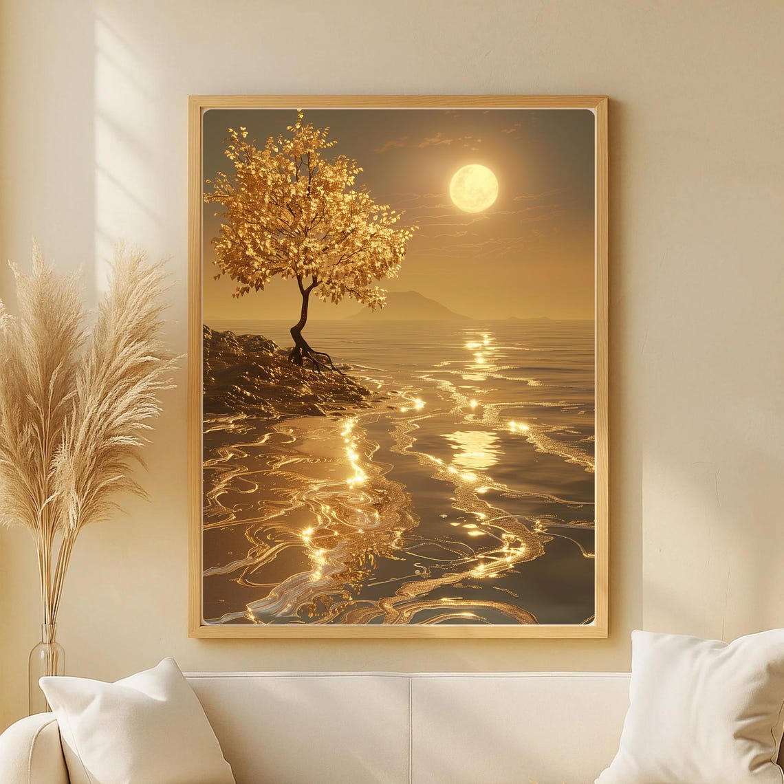 Golden Tree Under a Glowing Full Moon on a Shimmering Ocean Poster