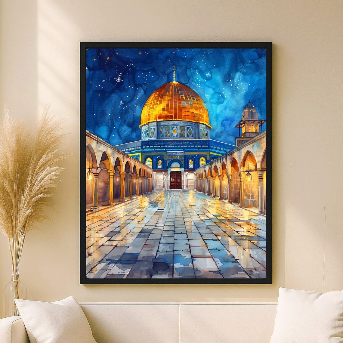 Dome of the Rock Under a Starry Night Watercolor Jerusalem Poster