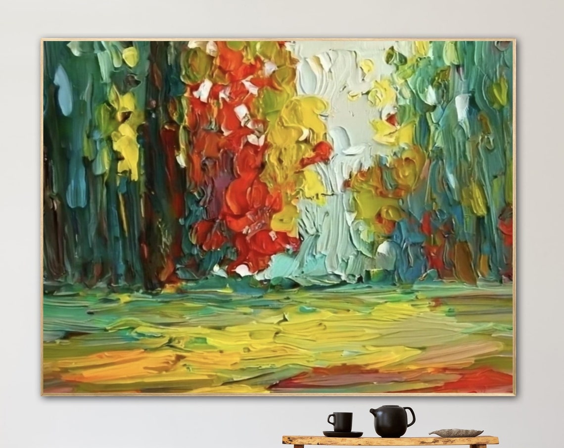 Colorful Forest Edge in Green and Red Impasto Landscape Poster - Image 4