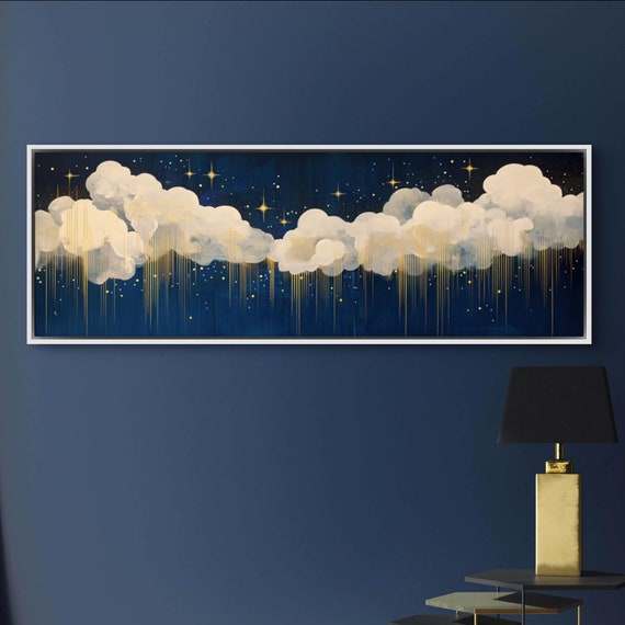 Celestial Gold And Navy Cloud Art Panoramic Wall Art For Above The Bed Relaxing Night Sky Print With Gold Accents Nursery Artwork