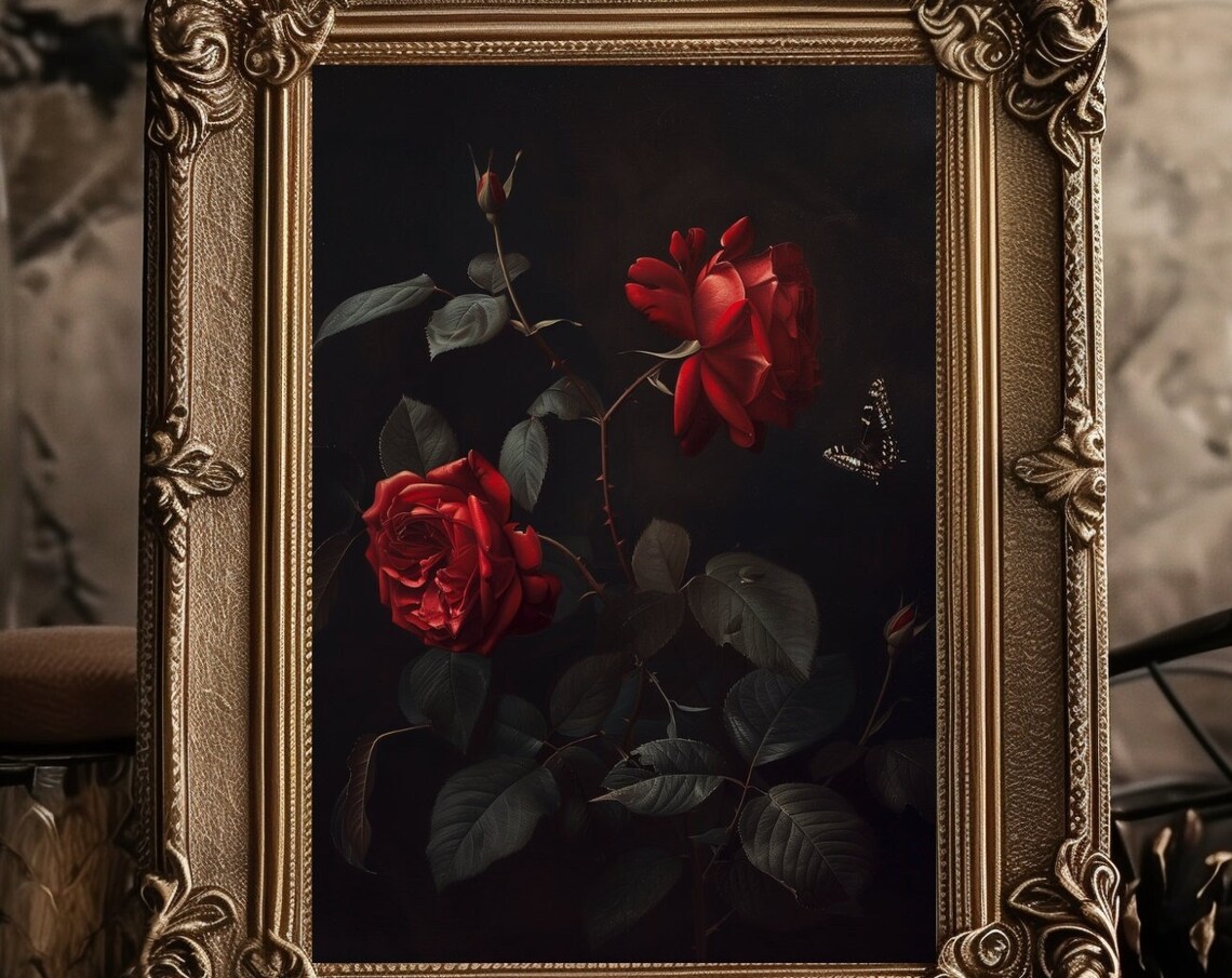 Red Roses Dark Background Classic Floral Still Life Art Poster - Image 3