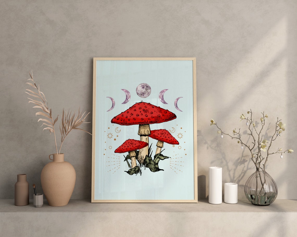 Celestial Red Mushroom Moon Phase Stars Vintage Botanical Poster - Image 3
