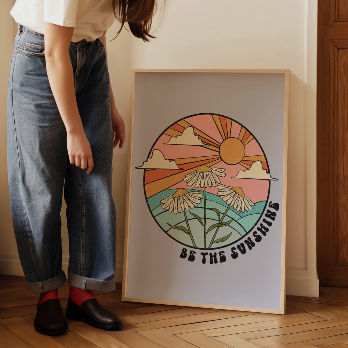Be The Sunshine Retro Sunset Daisies Circle Design Wall Poster - Image 3