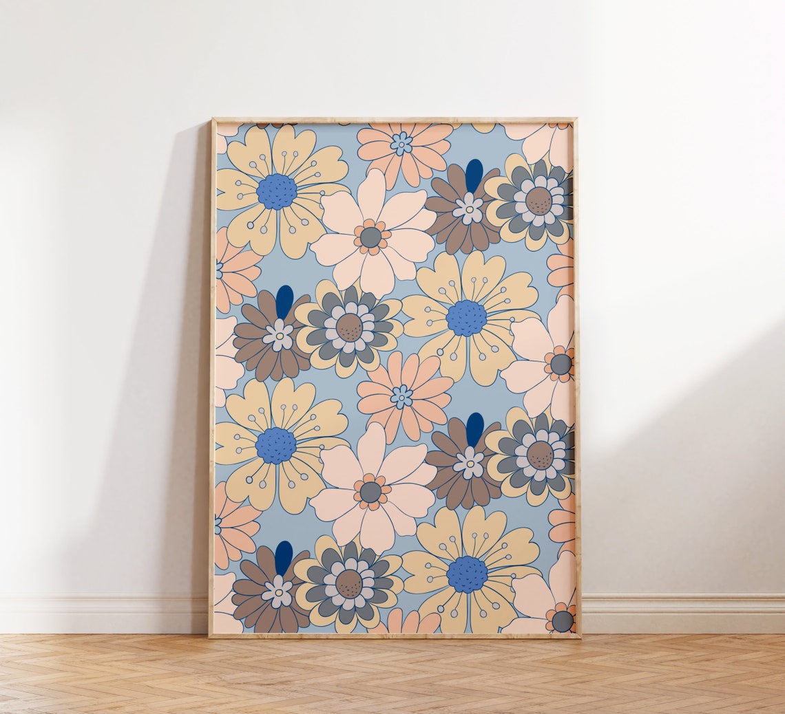 Retro 70s Floral Pattern Blue Pink Yellow Flower Power Poster