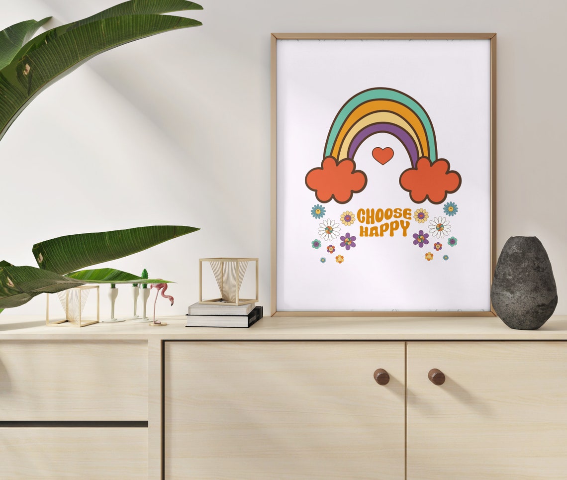 Choose Happy Retro Rainbow Flower Groovy Positive Quote Poster - Image 2