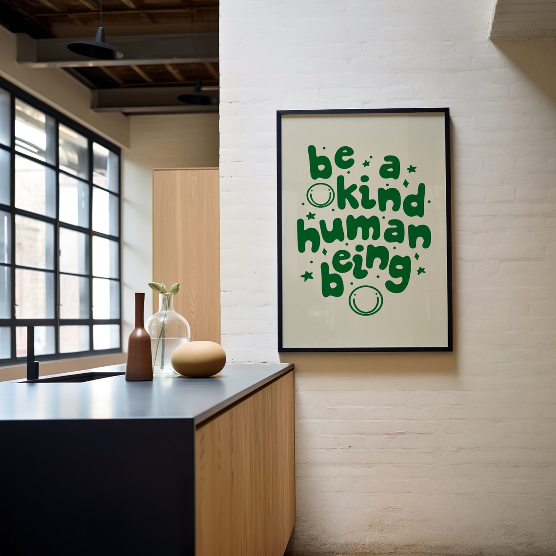Be a Kind Human Being Green Retro Bubble Typography Wall Poster - Image 2