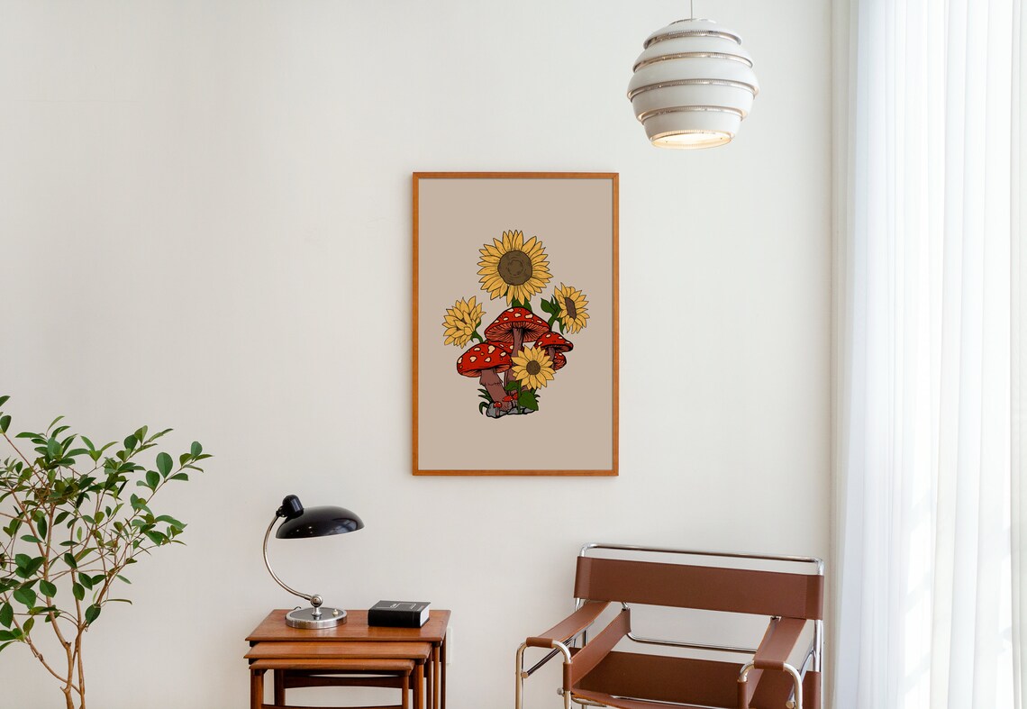 Sunflower Mushroom Retro Art Print, Hippie Decor - Image 2