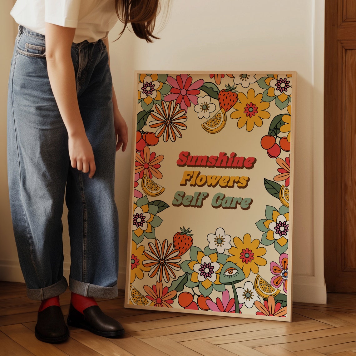 Sunshine Flowers Self Care Retro Groovy Boho Floral Quote Poster - Image 4