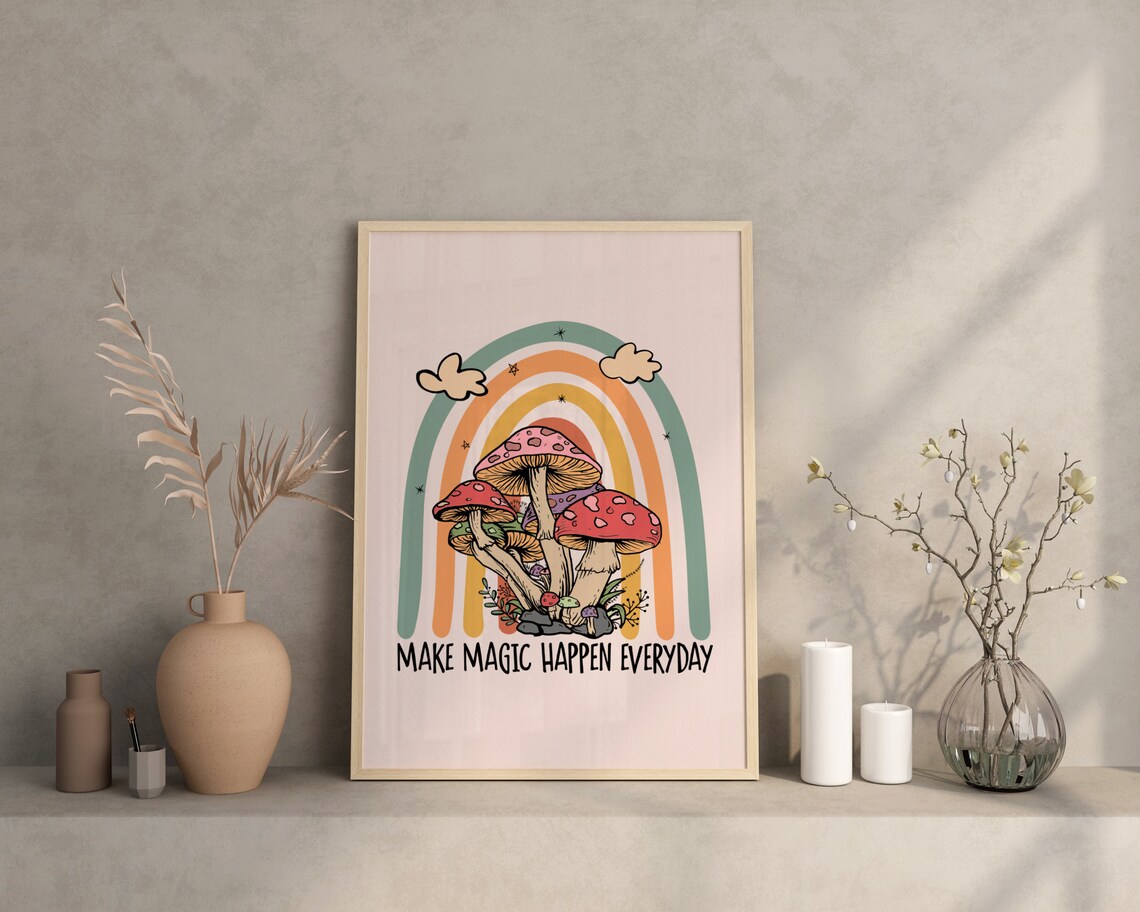 Make Magic Happen Everyday Mushroom Rainbow Retro Quote Poster - Image 4