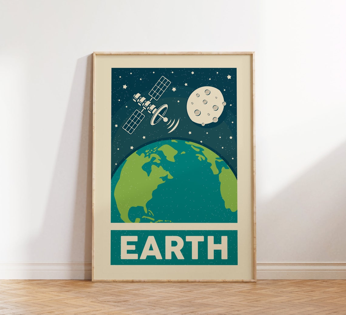 Earth Retro Space Satellite Moon Planet Vintage Chart Poster