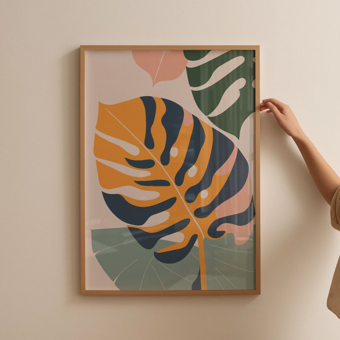 Abstract Monstera Leaves Orange Navy Boho Botanical Wall Poster