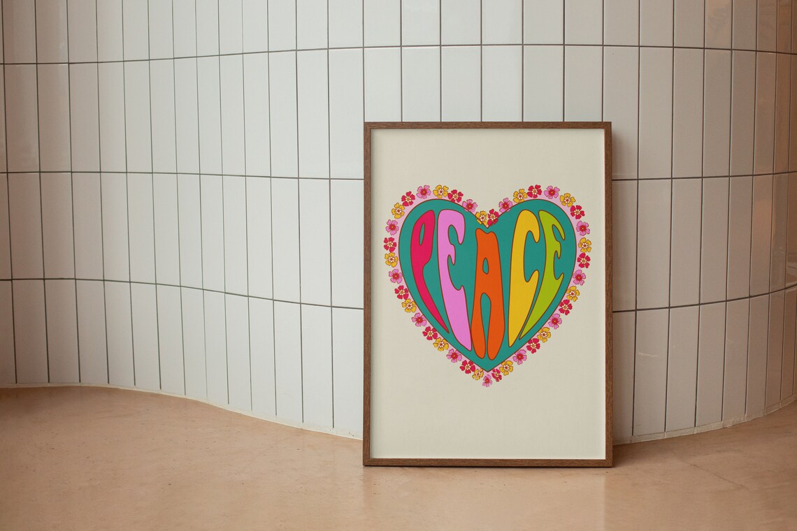 Peace Heart Retro Groovy Poster Colorful Floral Hippie Wall Decor - Image 3