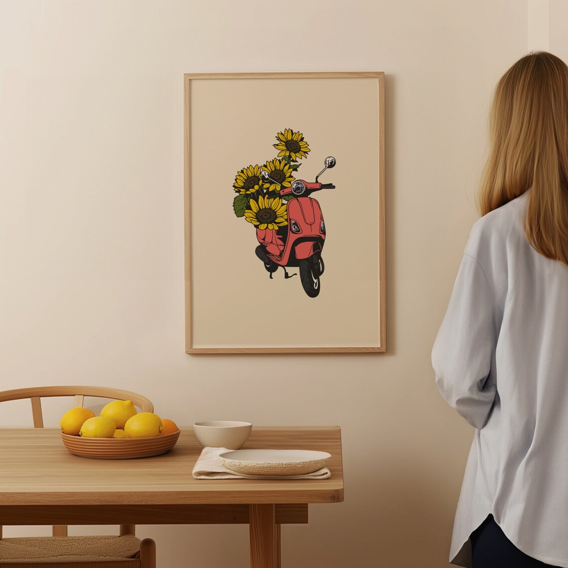 Red Vespa Scooter Carrying Sunflowers Retro Summer Art Poster - Image 2