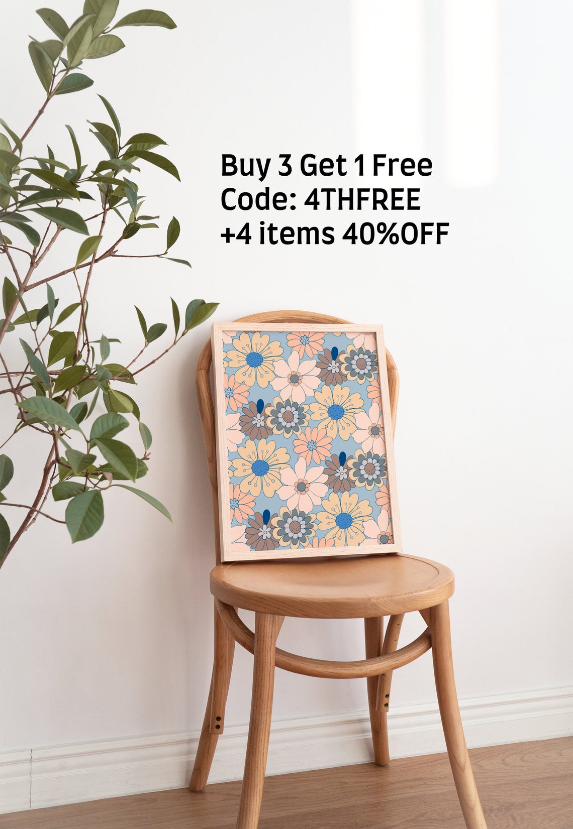 Retro 70s Floral Pattern Blue Pink Yellow Flower Power Poster - Image 2